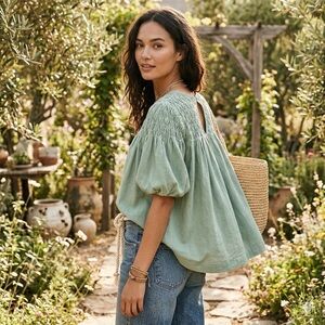Anthropologie The Liza Puff-Sleeve Smocked Linen Top Blue Green XS Easter Spring
